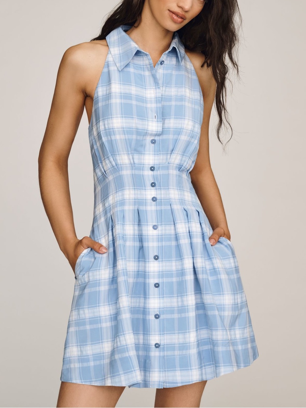 Anthropologie Tobie Sleeveless Button-Front Plaid Dress in Light Blue Size Small